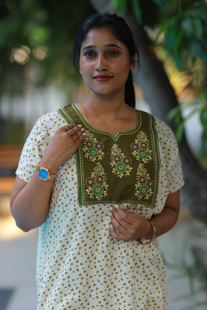 Sandal With Olive Green floral Design Neck Embroidery Nighty - AHA Nightwears