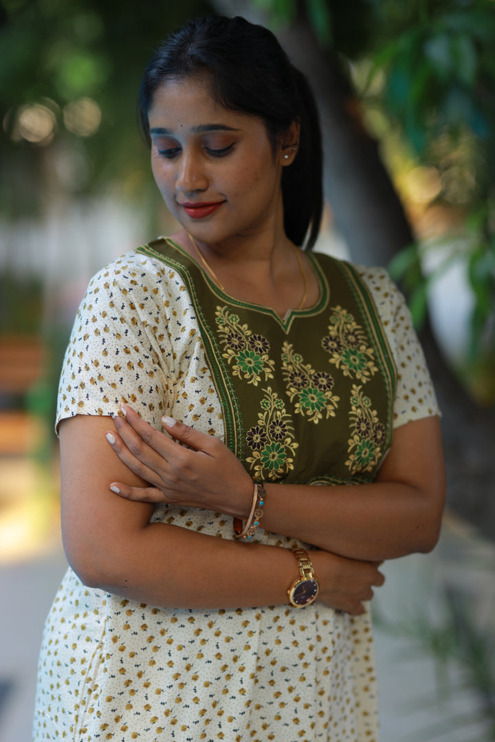 Sandal With Olive Green floral Design Neck Embroidery Nighty - AHA Nightwears