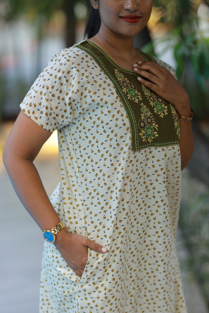 Sandal With Olive Green floral Design Neck Embroidery Nighty - AHA Nightwears