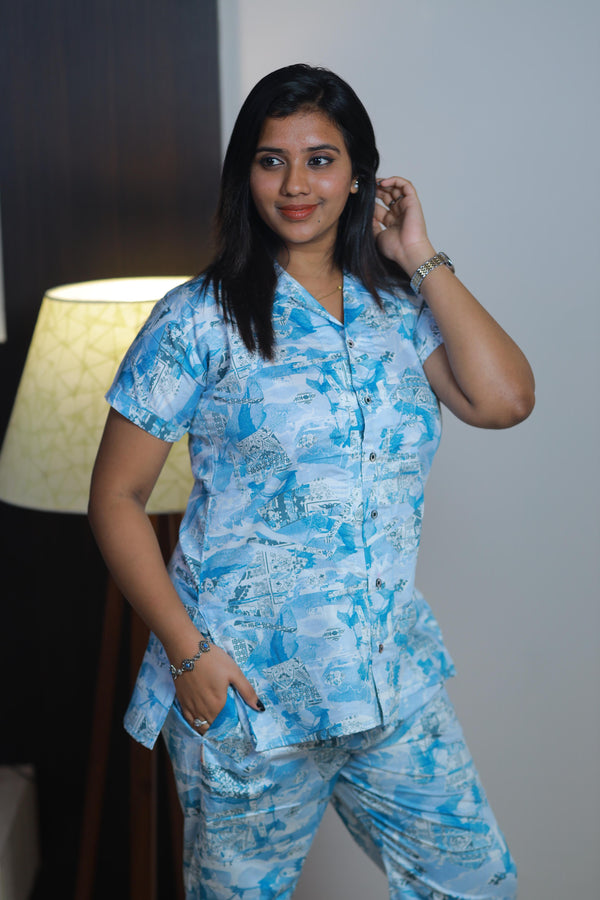 Sky Blue With White Floral Design Premium Quality NightDress