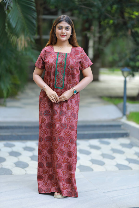Marrown  With lace  Design Neck Embroidery Nighty