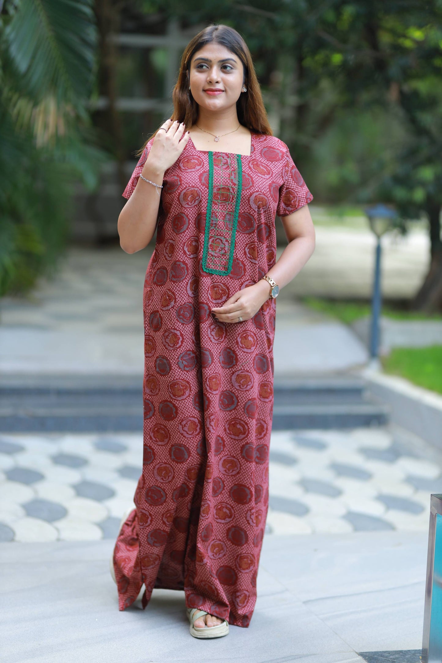 Marrown  With lace  Design Neck Embroidery Nighty