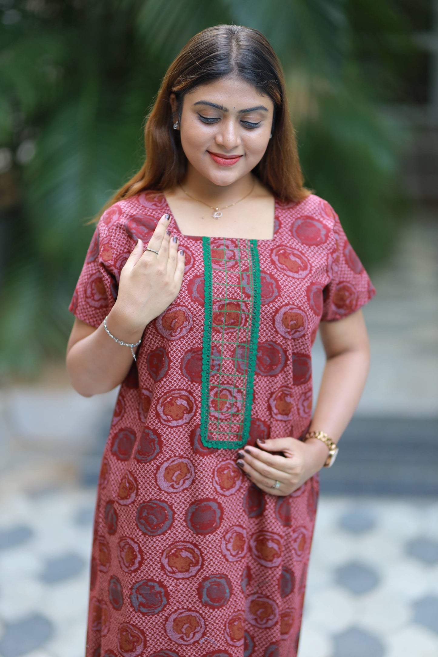 Marrown  With lace  Design Neck Embroidery Nighty