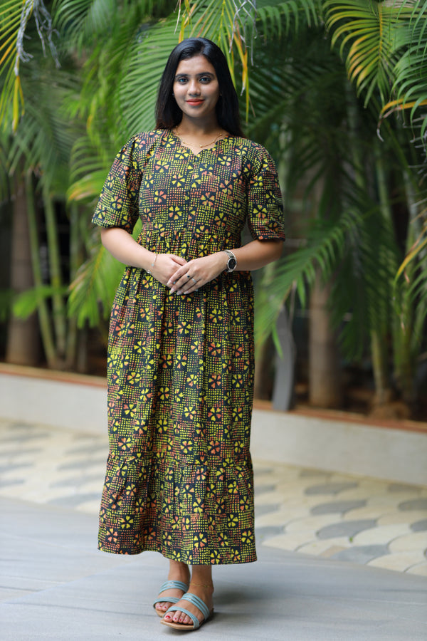 Pure cotton Hand Dyed sky  Batik double layer frock with center zip