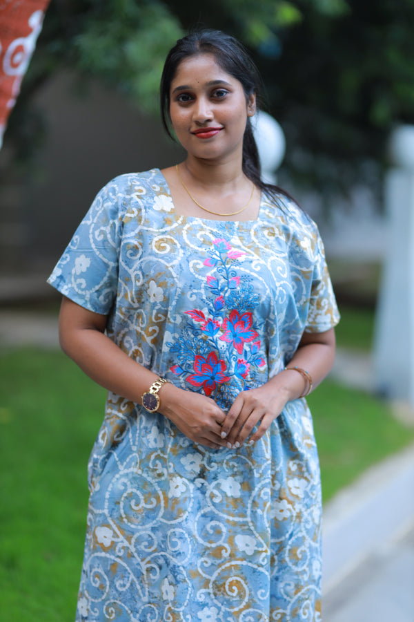 Pure Cotton Batik Nighty With Elegent Embroidery Design