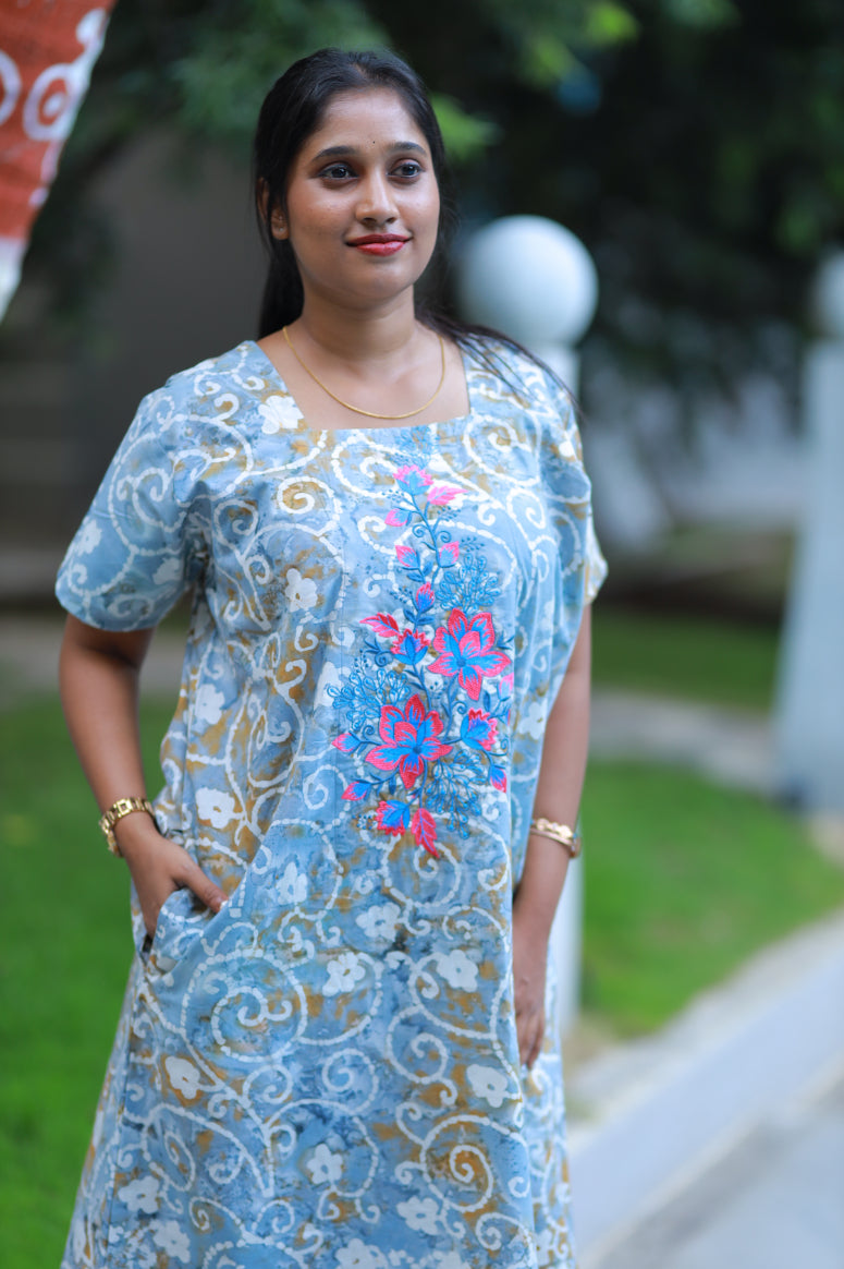 Pure Cotton Batik Nighty With Elegent Embroidery Design