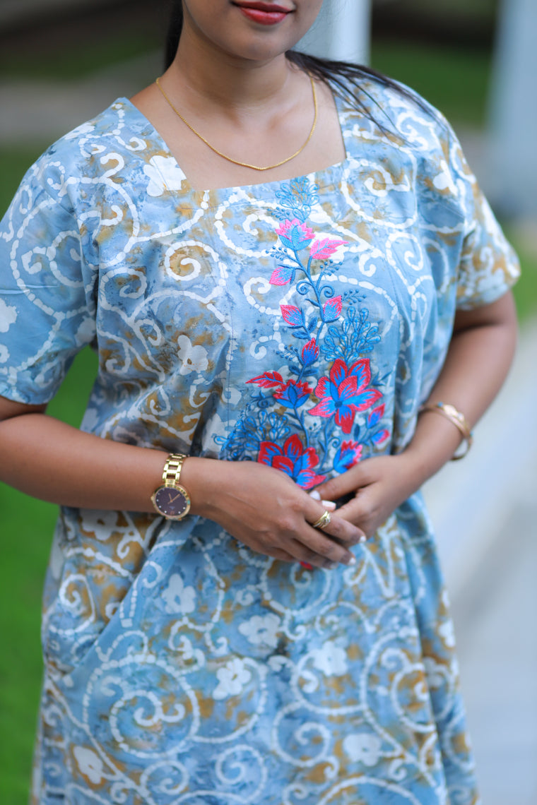 Pure Cotton Batik Nighty With Elegent Embroidery Design