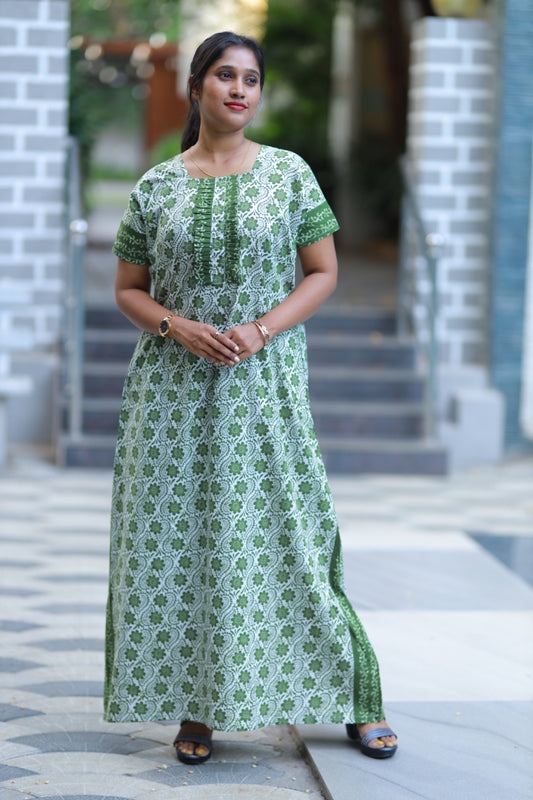 Green With White Flower Design Without Zip Nighty