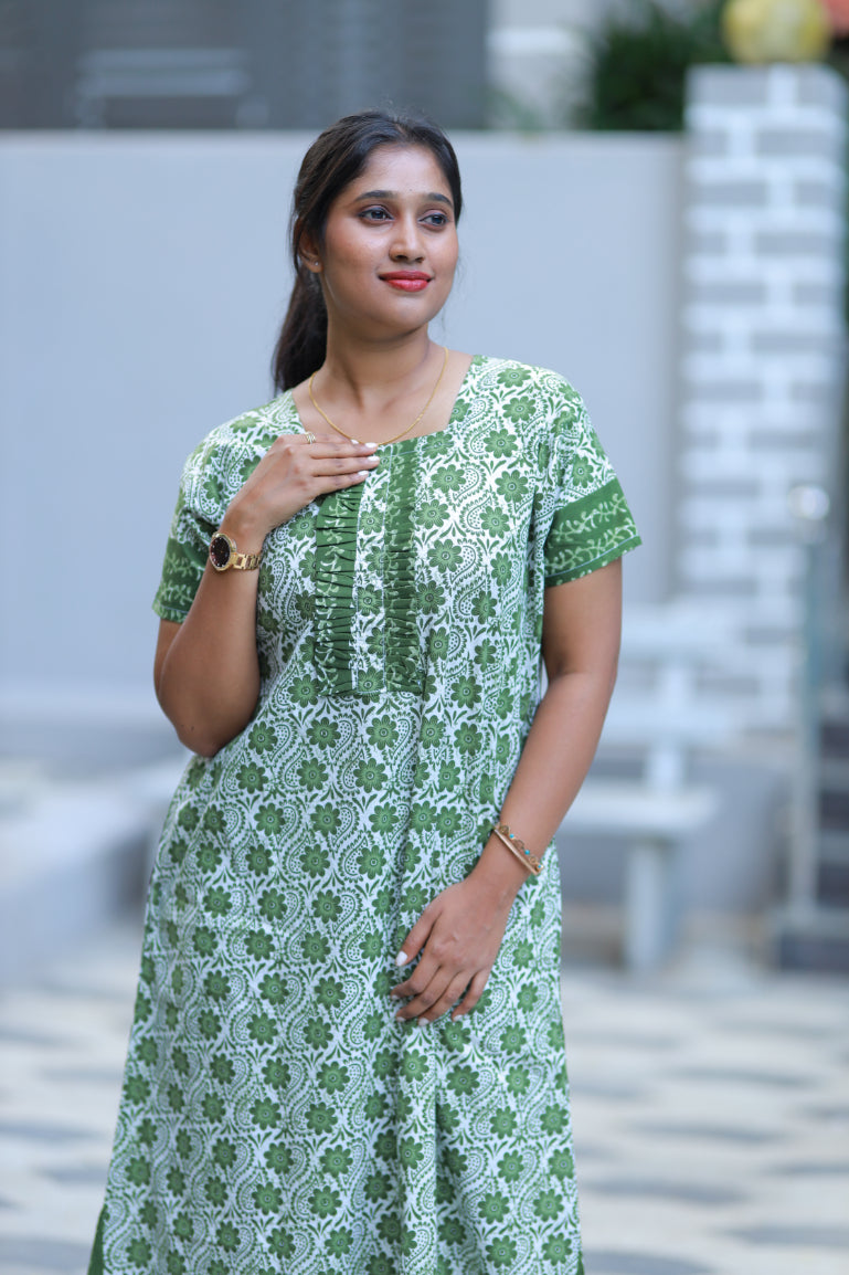 Green With White Flower Design Without Zip Nighty