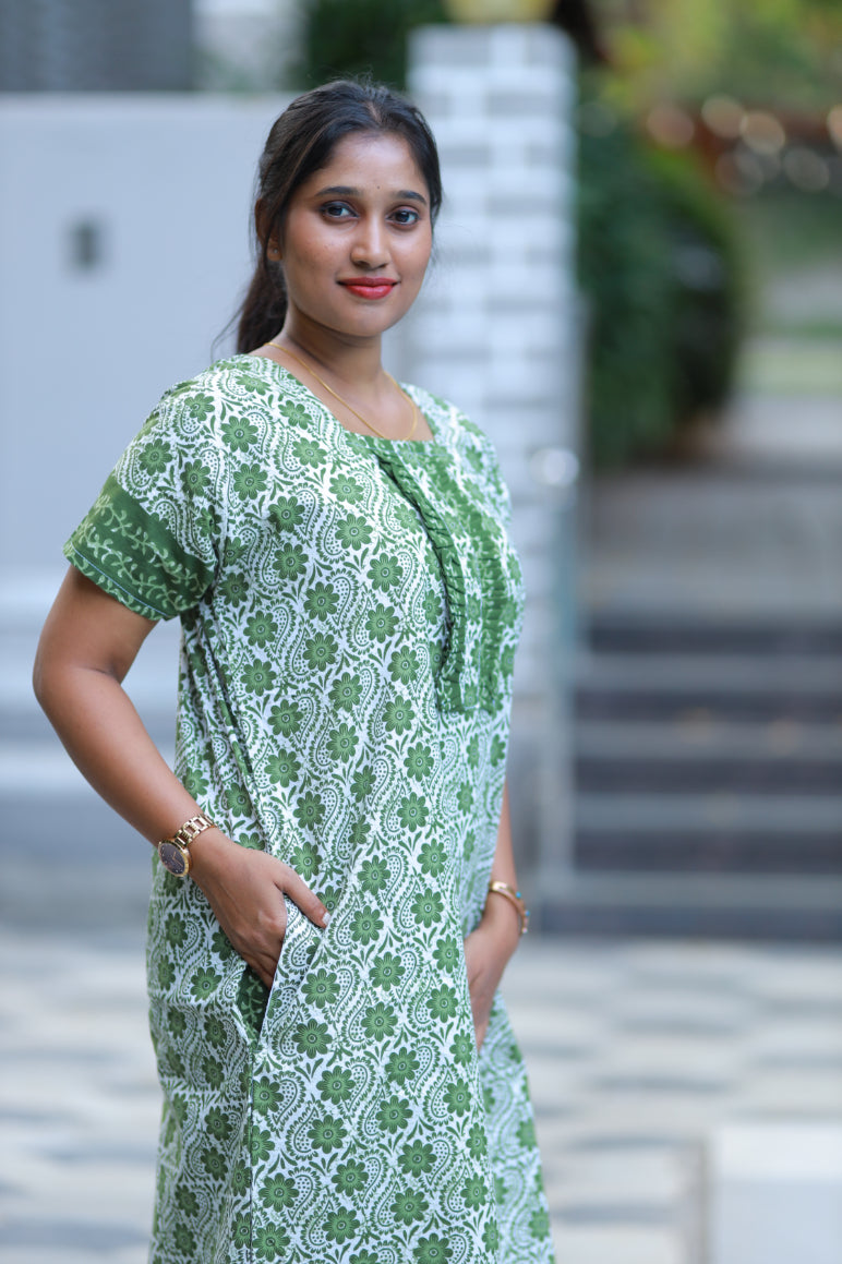 Green With White Flower Design Without Zip Nighty