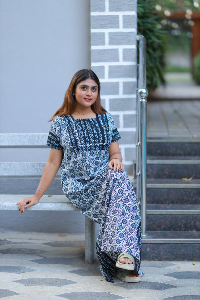 Black With White Flower Design Without Zip Nighty