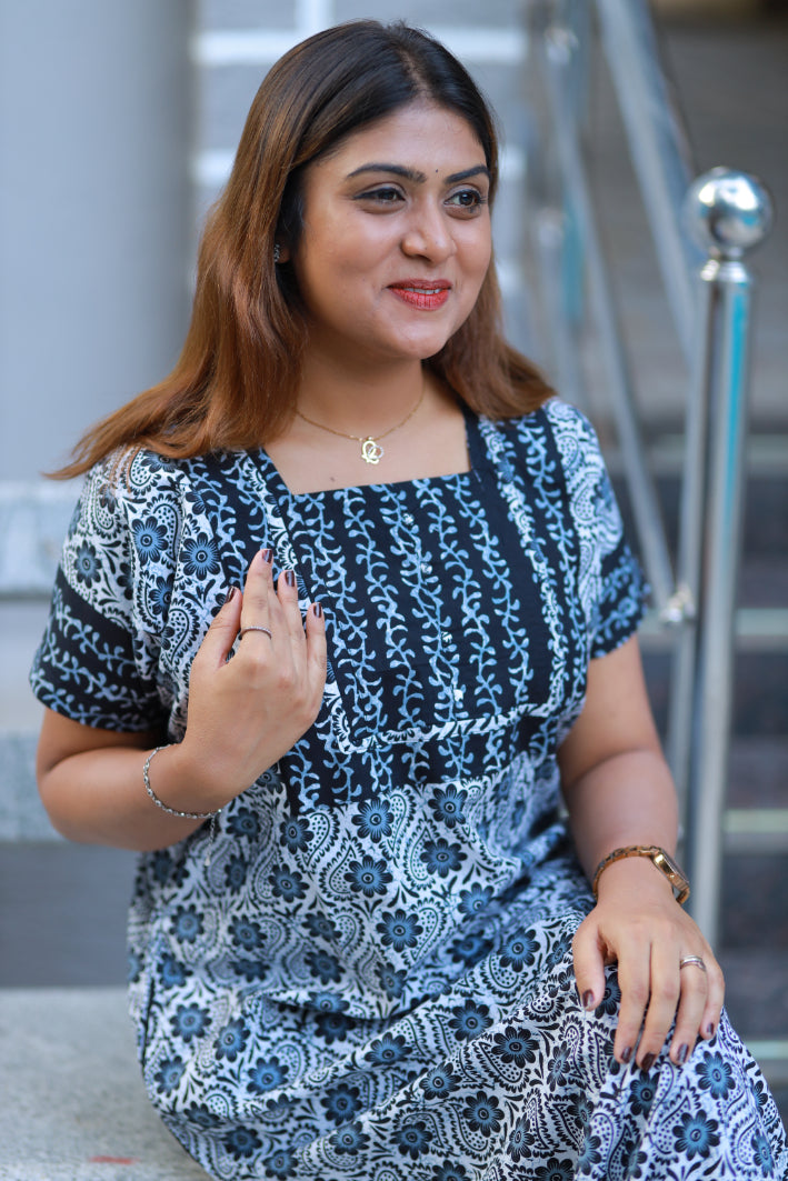 Black With White Flower Design Without Zip Nighty