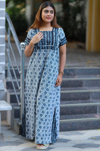 Black With White Flower Design Without Zip Nighty