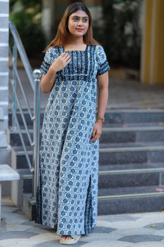 Black With White Flower Design Without Zip Nighty
