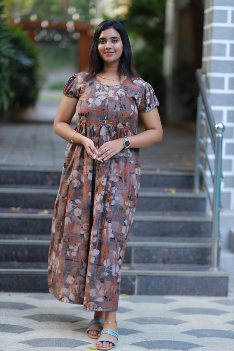 Brown Alphine tropical design Center zip frock
