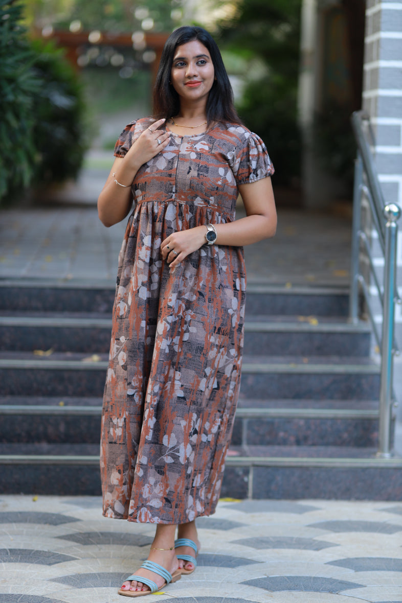 Brown Alphine tropical design Center zip frock