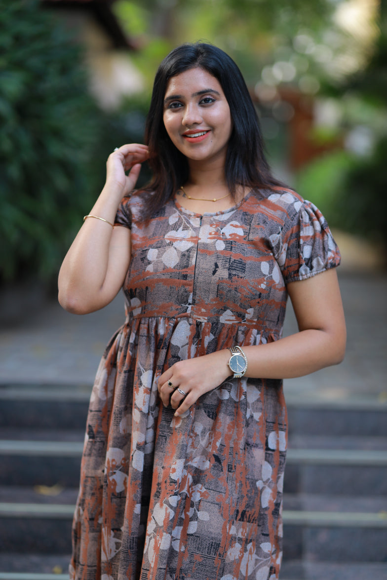 Brown Alphine tropical design Center zip frock