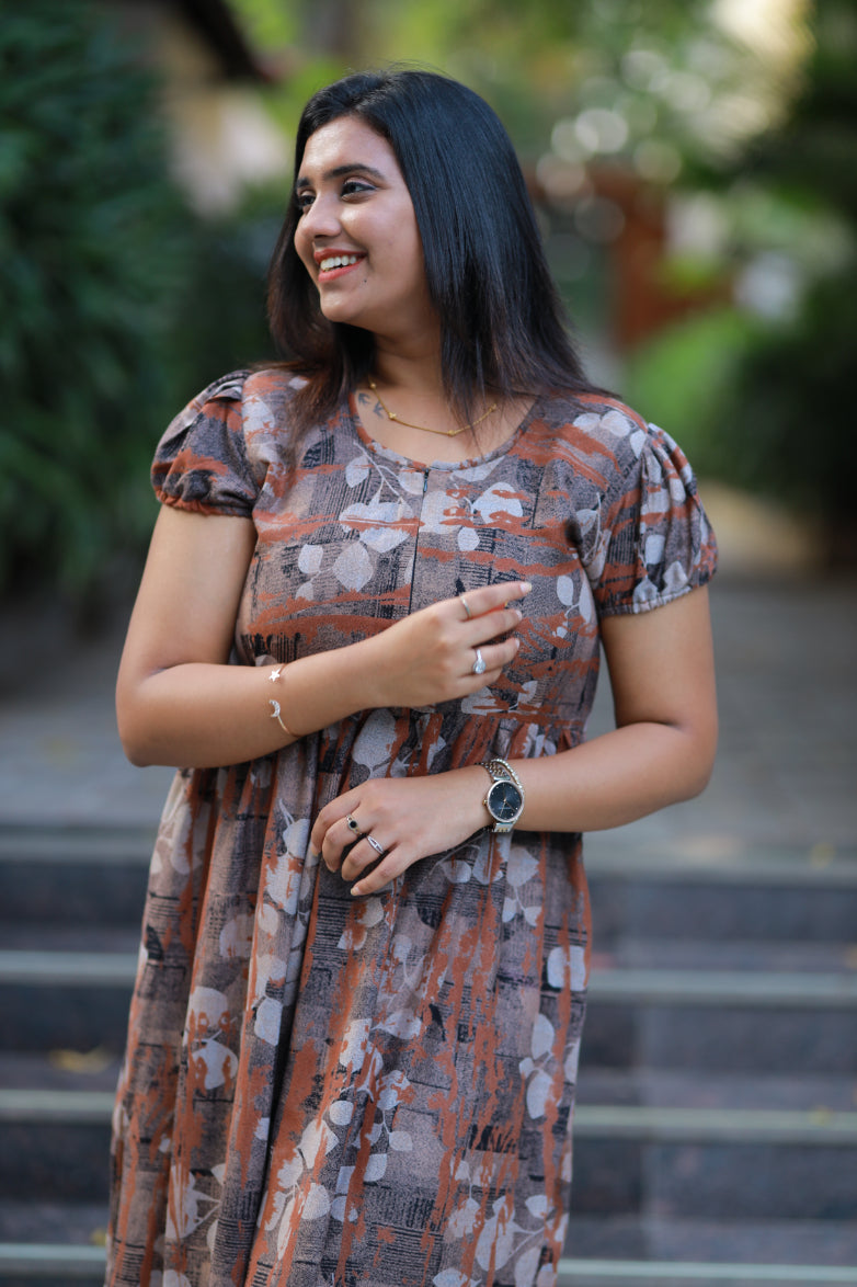 Brown Alphine tropical design Center zip frock