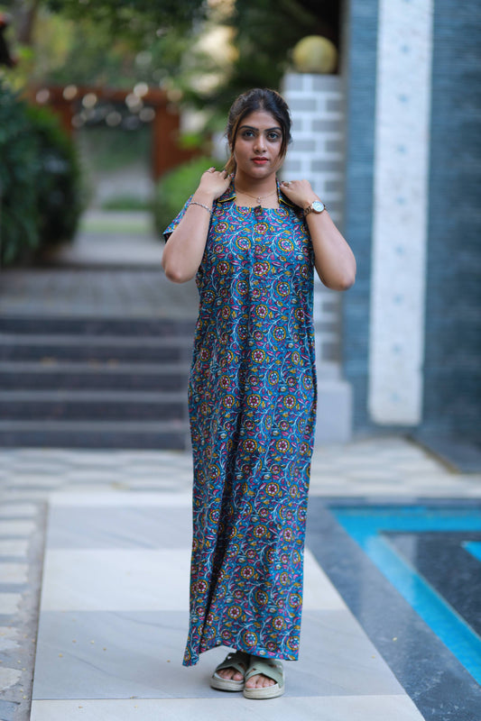 Peacock Blue With Yellow Flower Design Collar design  Nighty