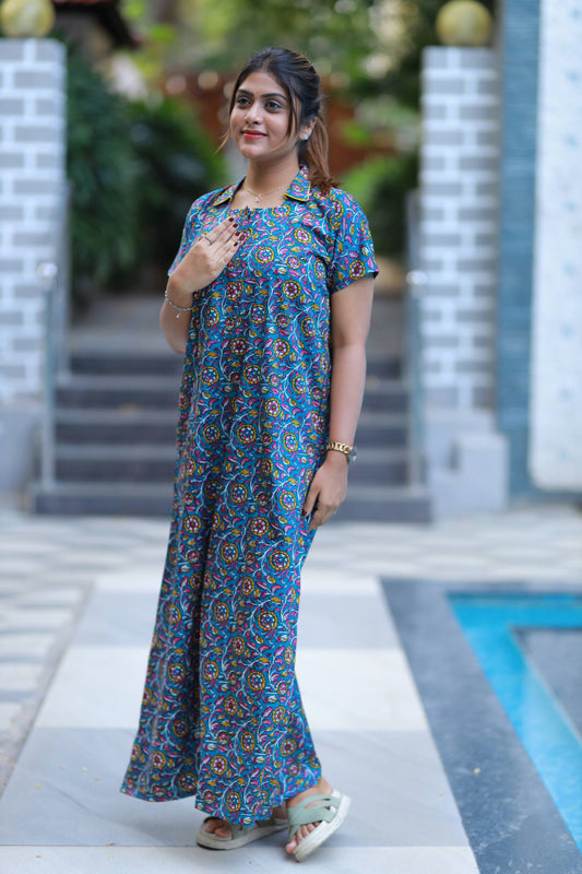 Peacock Blue With Yellow Flower Design Collar design  Nighty