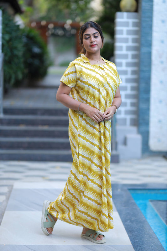 Yellow With Mustard Flower Design Collar design  Nighty