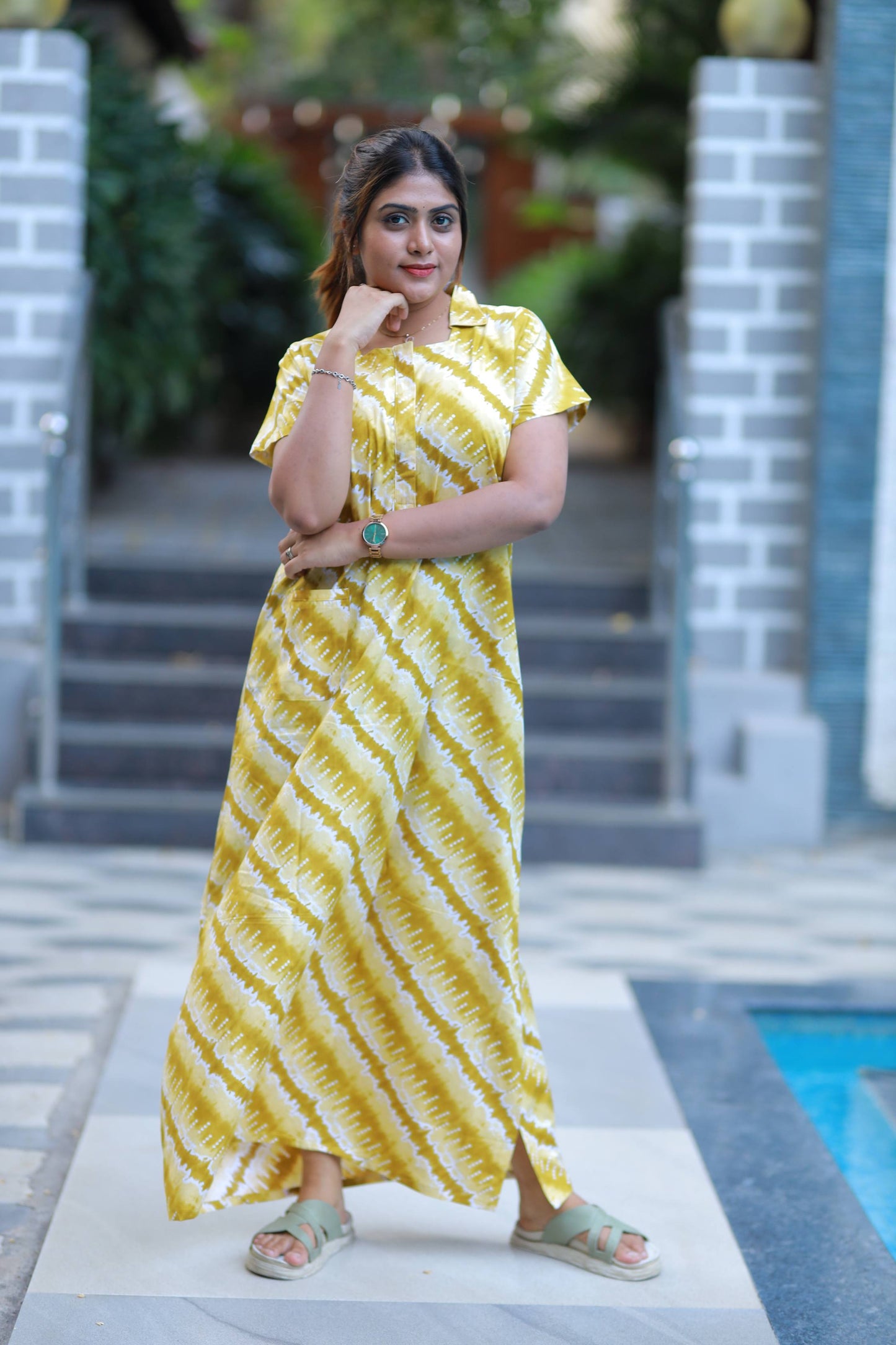 Yellow With Mustard Flower Design Collar design  Nighty