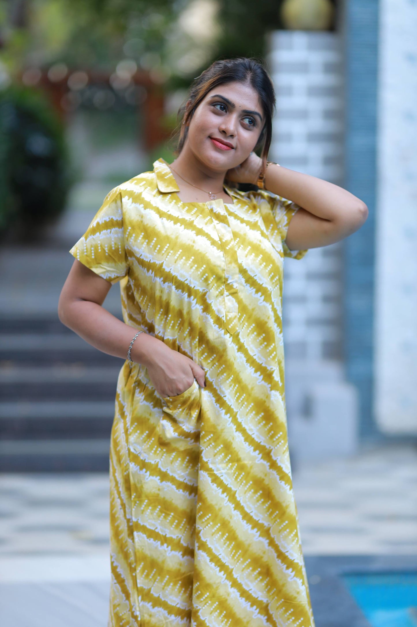 Yellow With Mustard Flower Design Collar design  Nighty