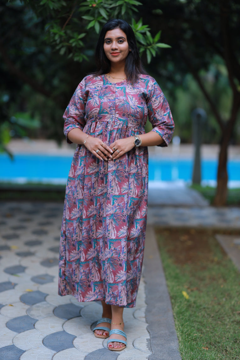 Pink With Green Alphine tropical design Center zip frock