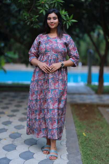 Pink With Green Alphine tropical design Center zip frock