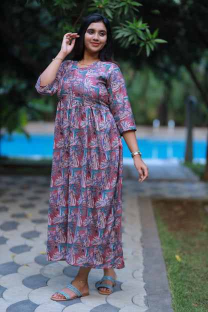 Pink With Green Alphine tropical design Center zip frock