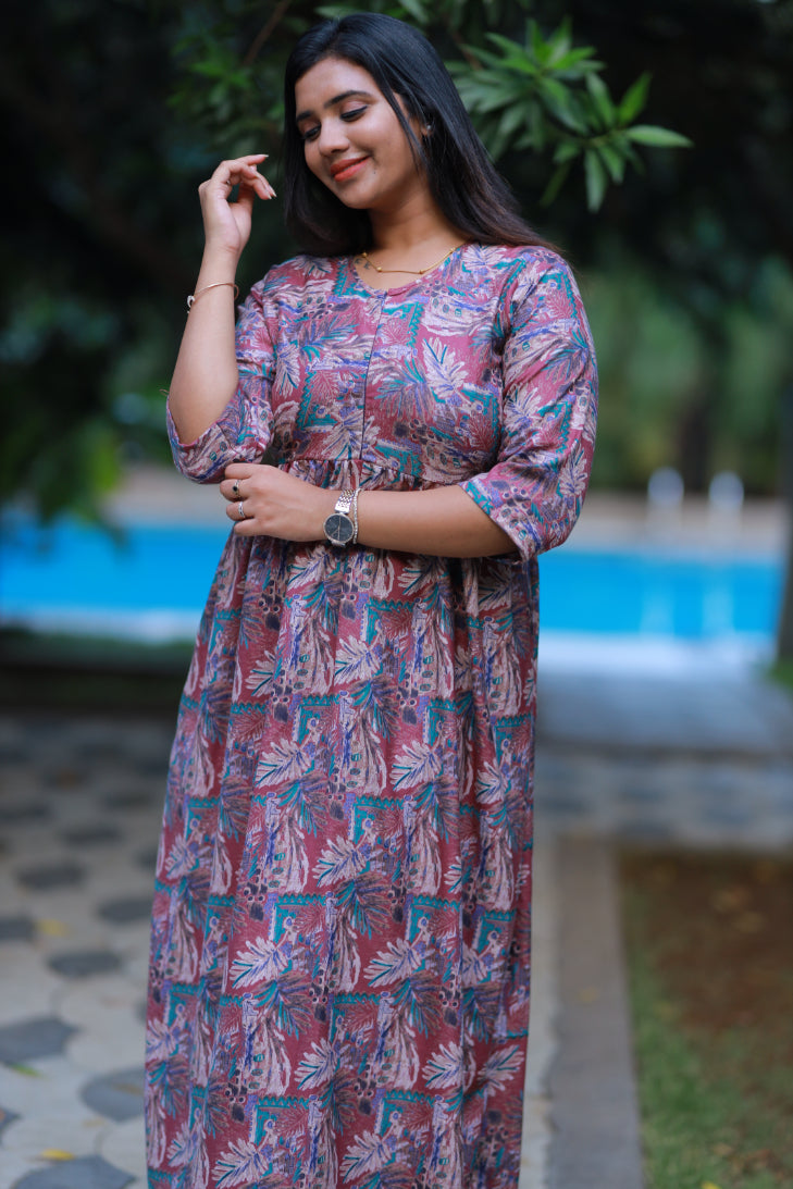 Pink With Green Alphine tropical design Center zip frock