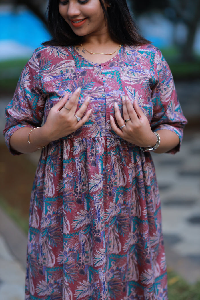 Pink With Green Alphine tropical design Center zip frock