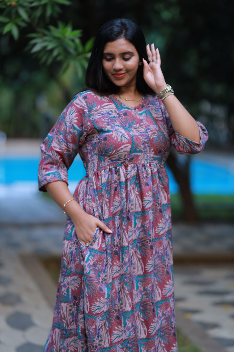 Pink With Green Alphine tropical design Center zip frock
