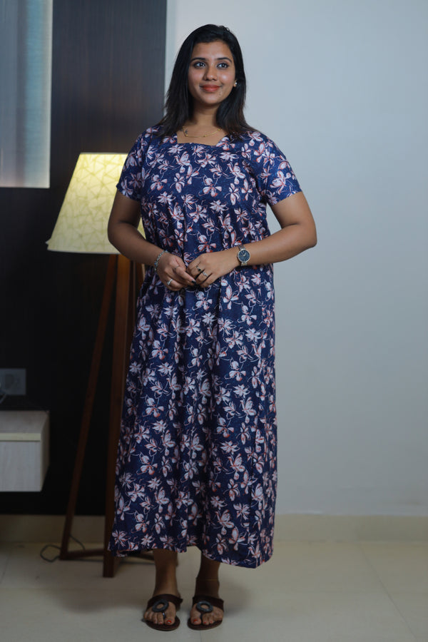 Navy With Flower Design Invisible Center Zip Feeding Nighty