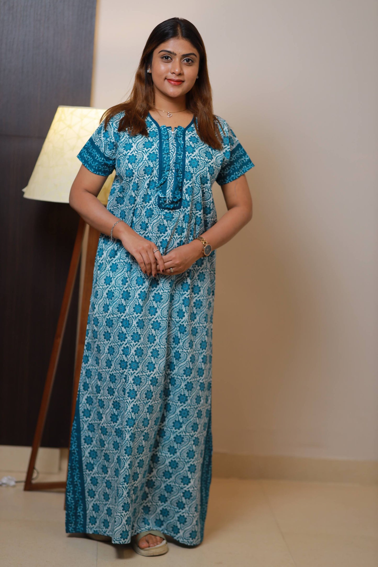 Ramar Blue With White  Floral Front Design Zip Nighty - AHA Nightwears