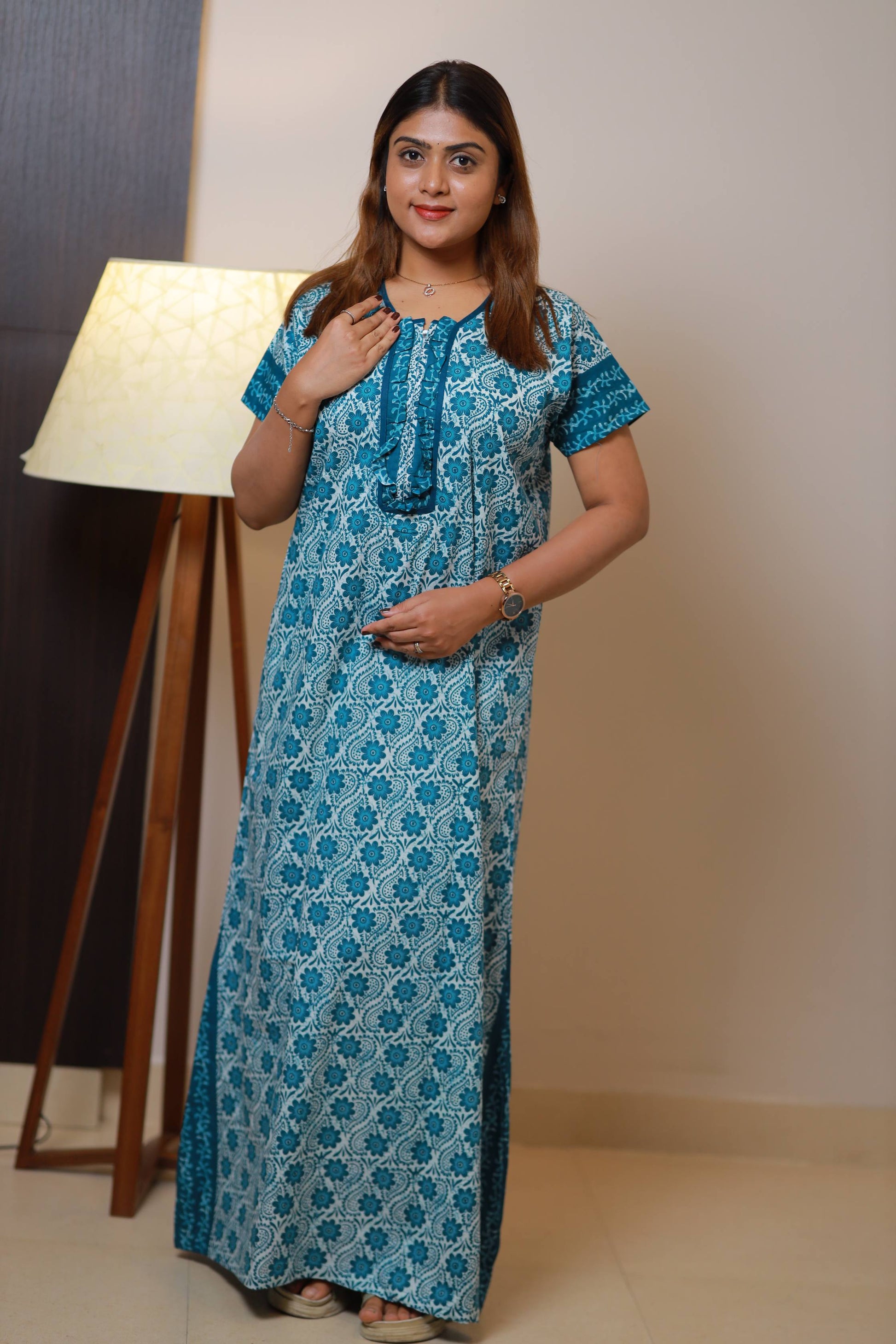 Ramar Blue With White  Floral Front Design Zip Nighty - AHA Nightwears