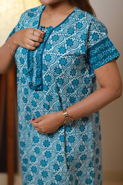 Ramar Blue With White  Floral Front Design Zip Nighty - AHA Nightwears