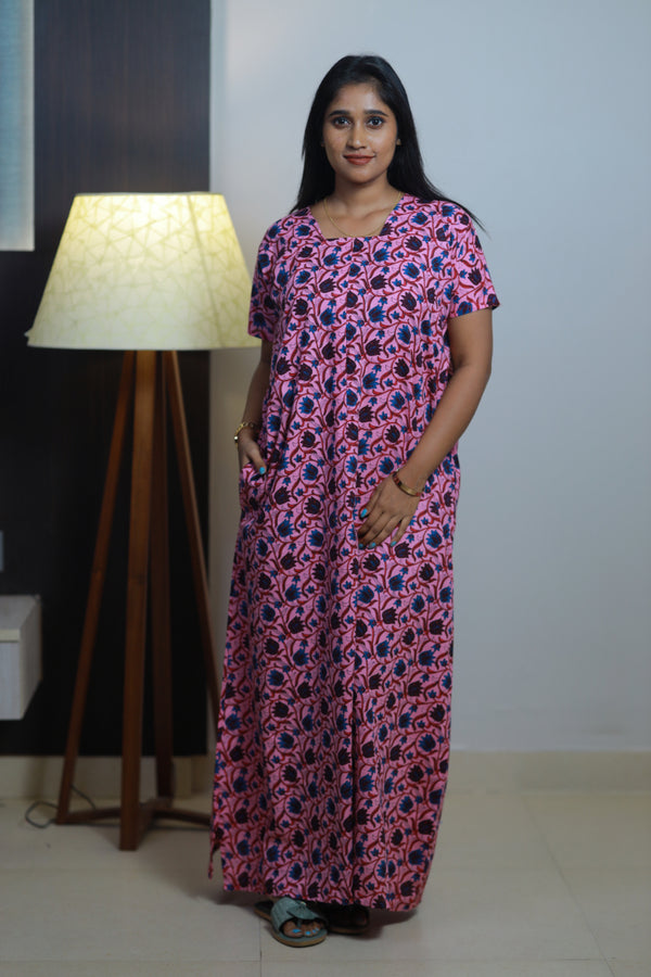 Pink With Flower Design Invisible Center Zip Feeding Nighty