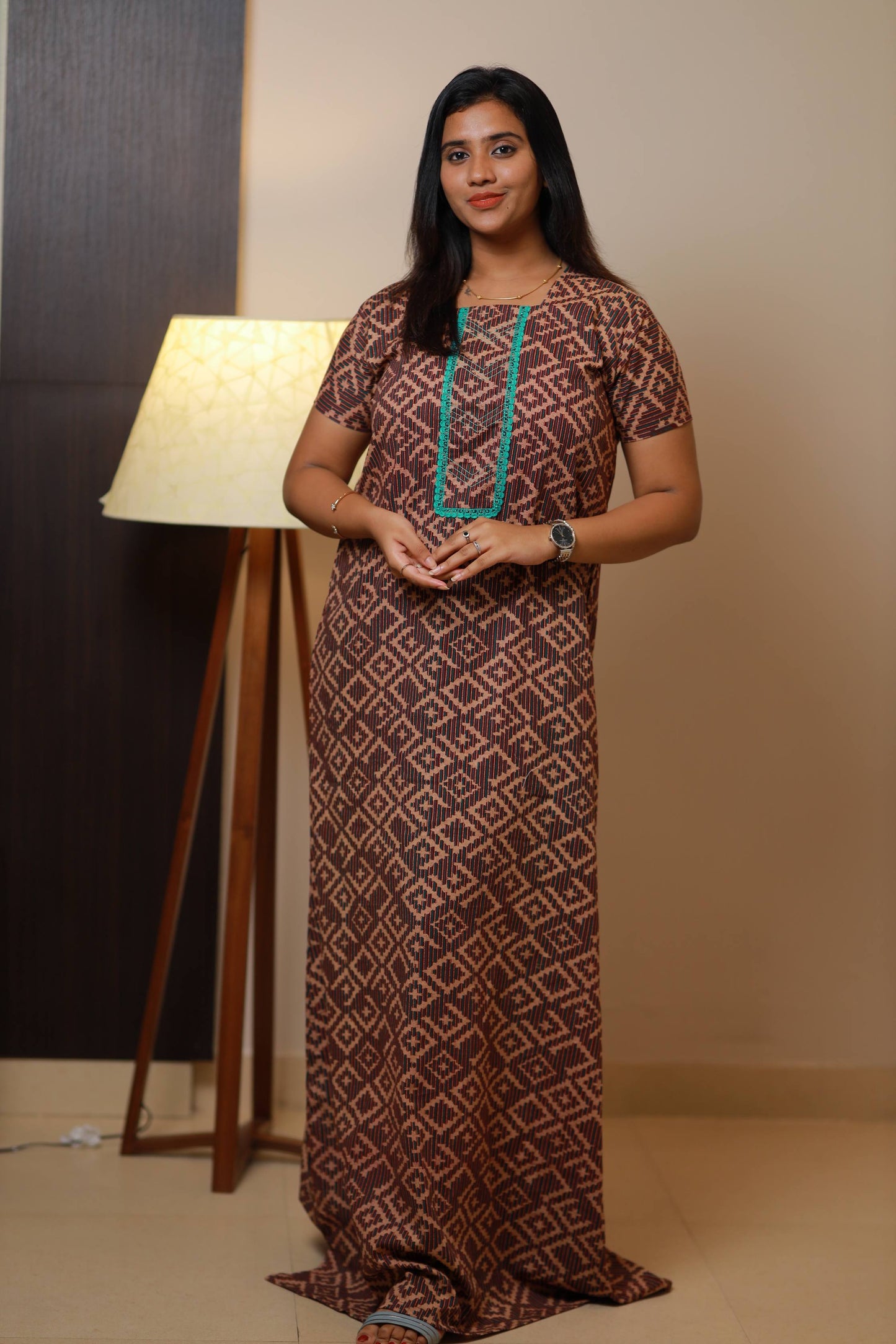 dark Maroon  With brown  Neck Embroidery Nighty