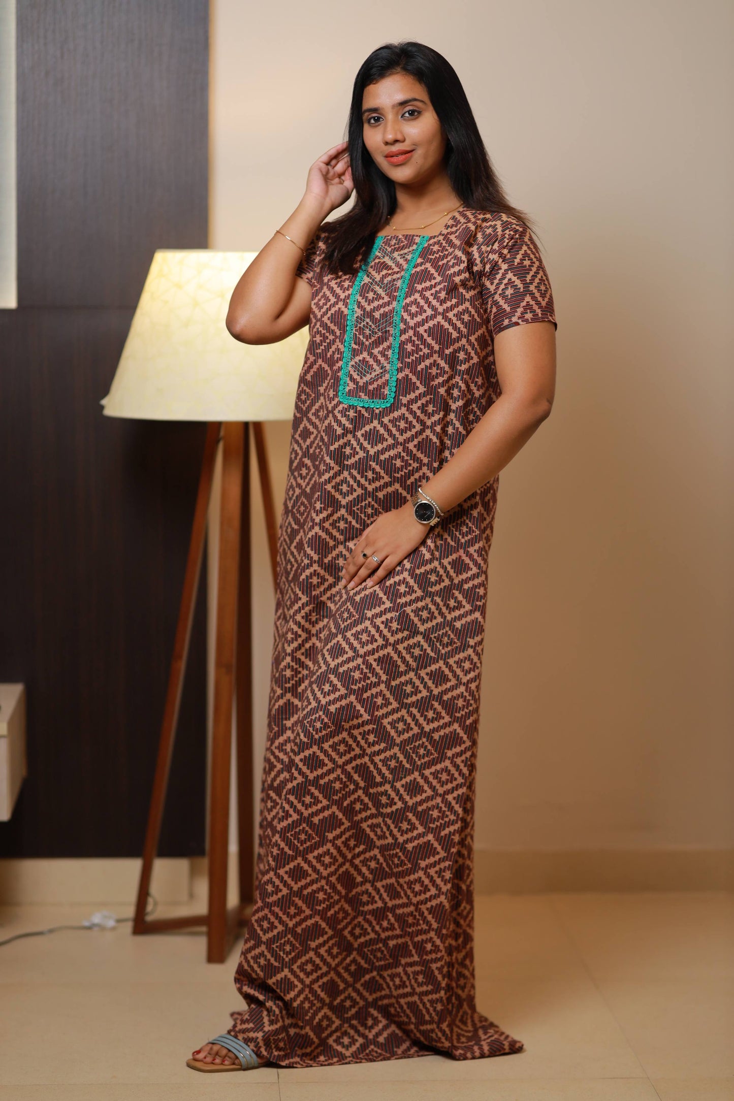 dark Maroon  With brown  Neck Embroidery Nighty