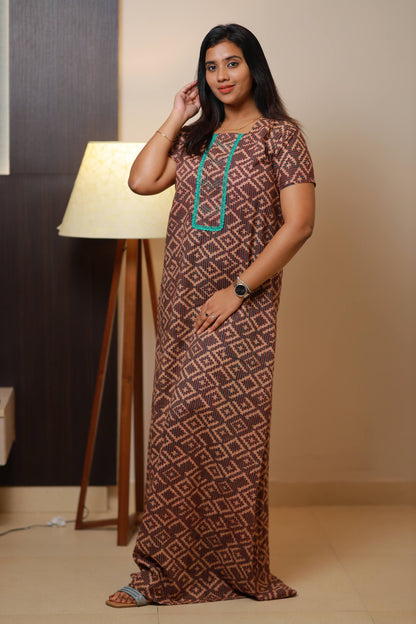 dark Maroon  With brown  Neck Embroidery Nighty