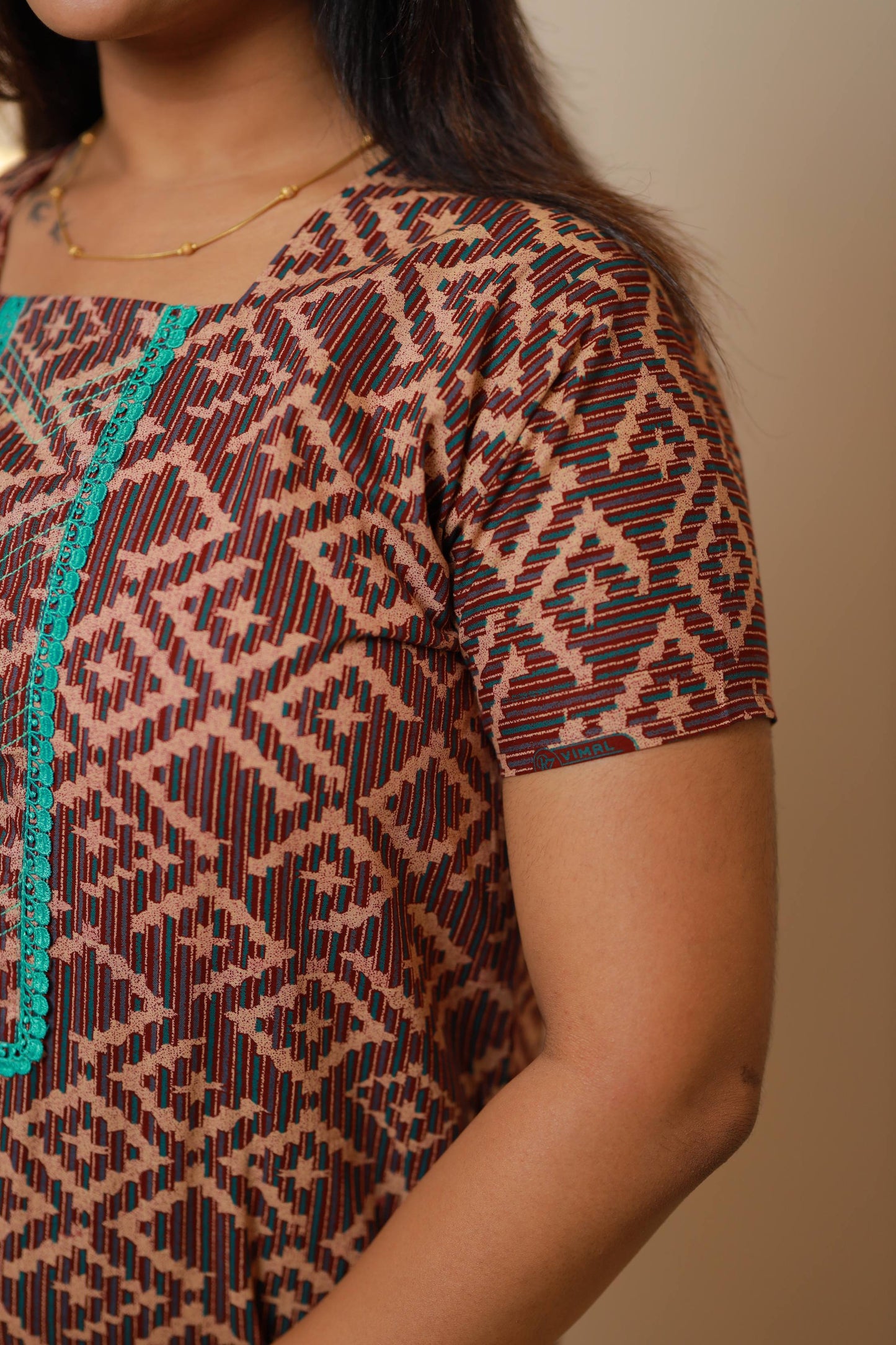 dark Maroon  With brown  Neck Embroidery Nighty