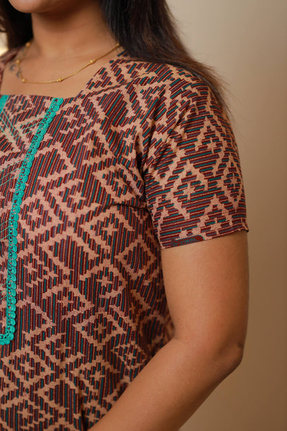 dark Maroon  With brown  Neck Embroidery Nighty