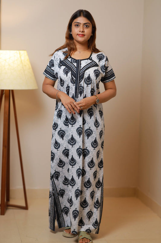 FANCY - White With Black Flower Design Zip Nighty