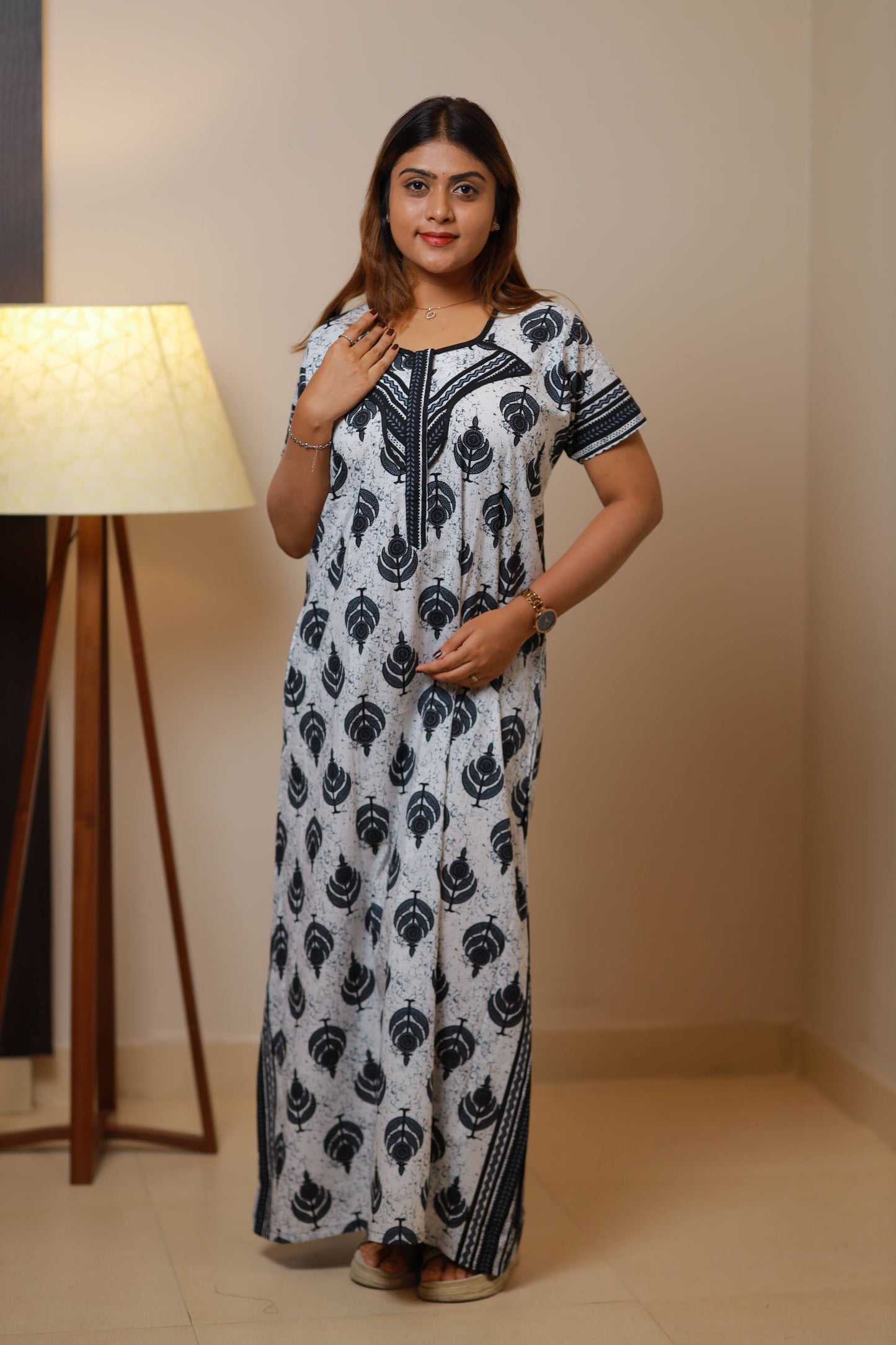 FANCY - White With Black Flower Design Zip Nighty