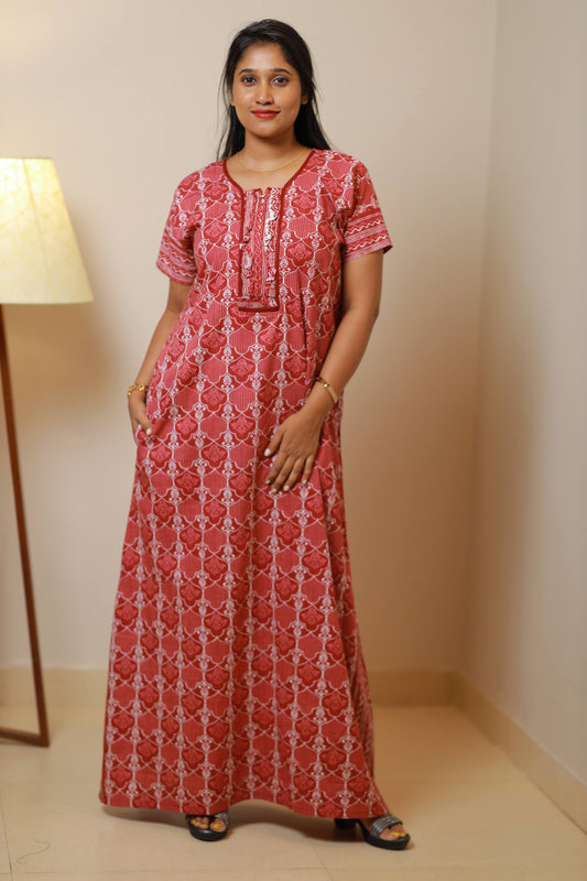 FANCY -Brown With White Flower Design Zip Nighty