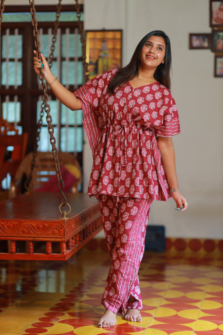 Pretty Jaipur cotton kaftan with pyjamas set ( 2 pcs set )