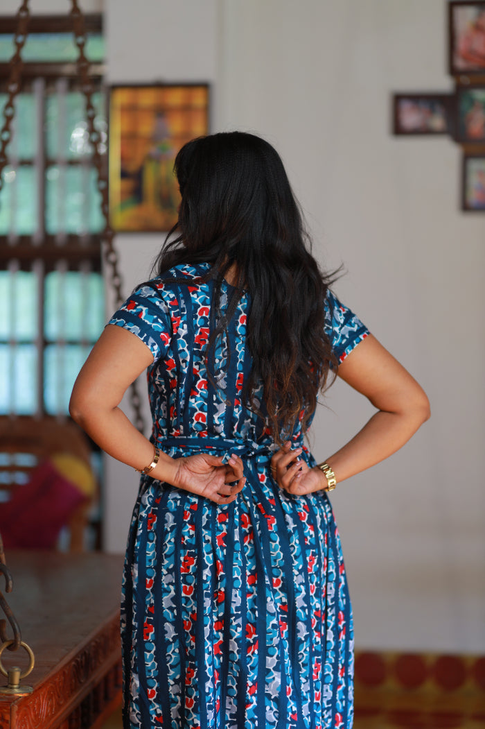 SUPER -Navy Blue with White digital print Frock Type Maxi with Vertical Side zip