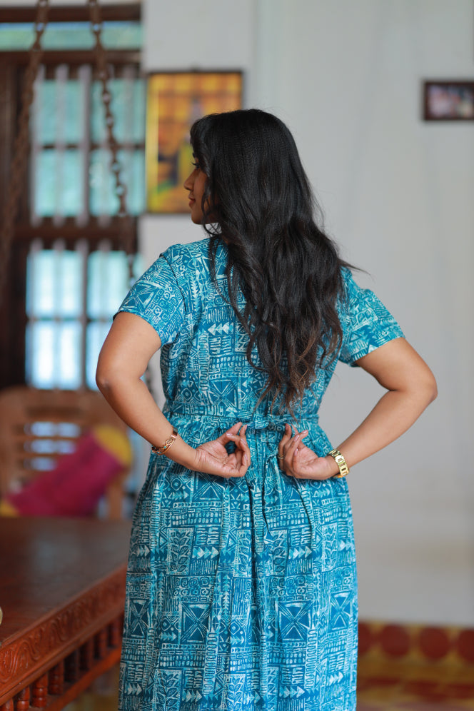 FANCY- Blue with white Jaipur print Frock Type Maxi with center zip