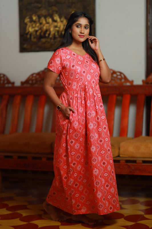 SUPER - Pink with White Digital print Frock Type Maxi with Vertical Side zip